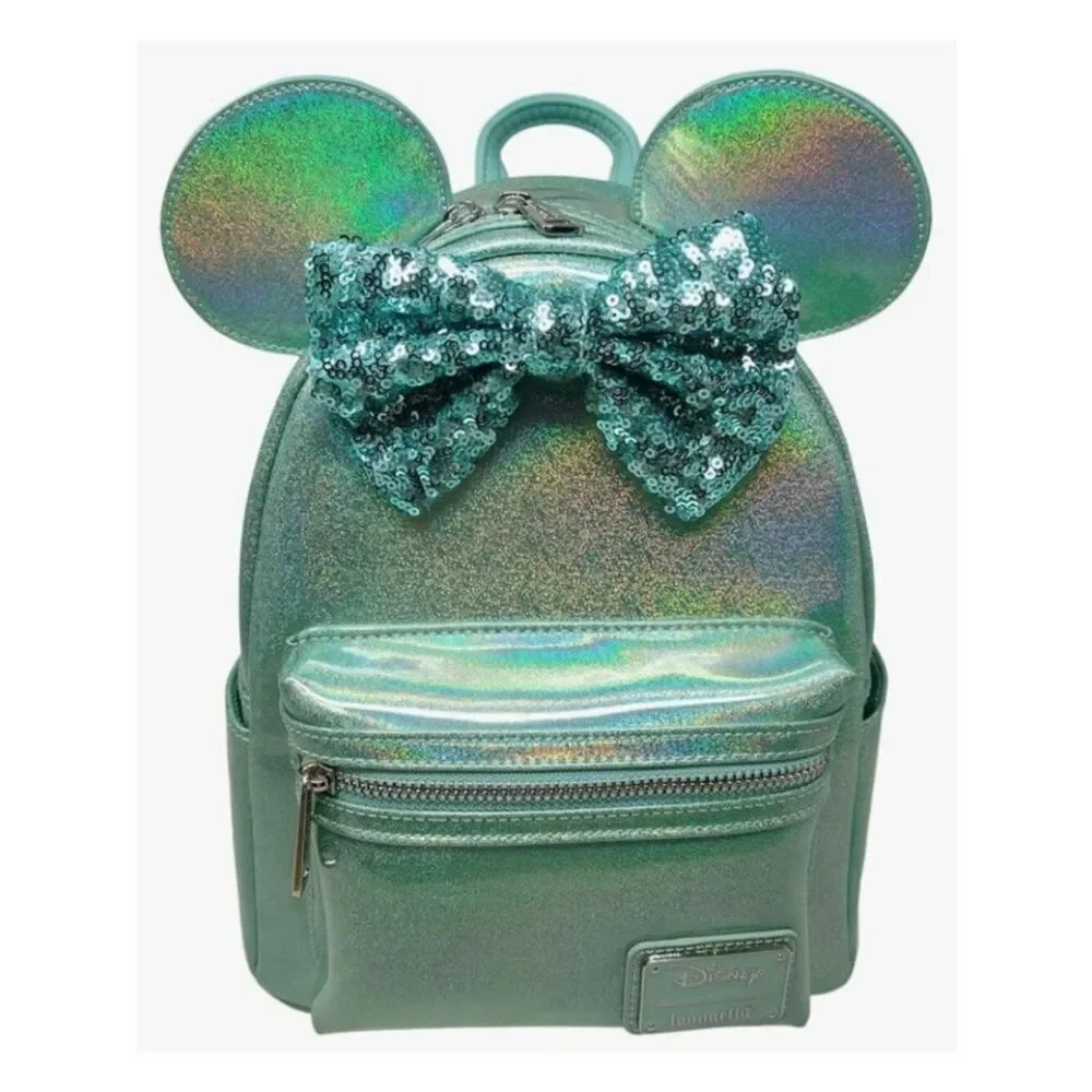 Loungefly Seafoam Green Minnie Mouse Sequin Bow Mini Cosplay Backpack Iridescent